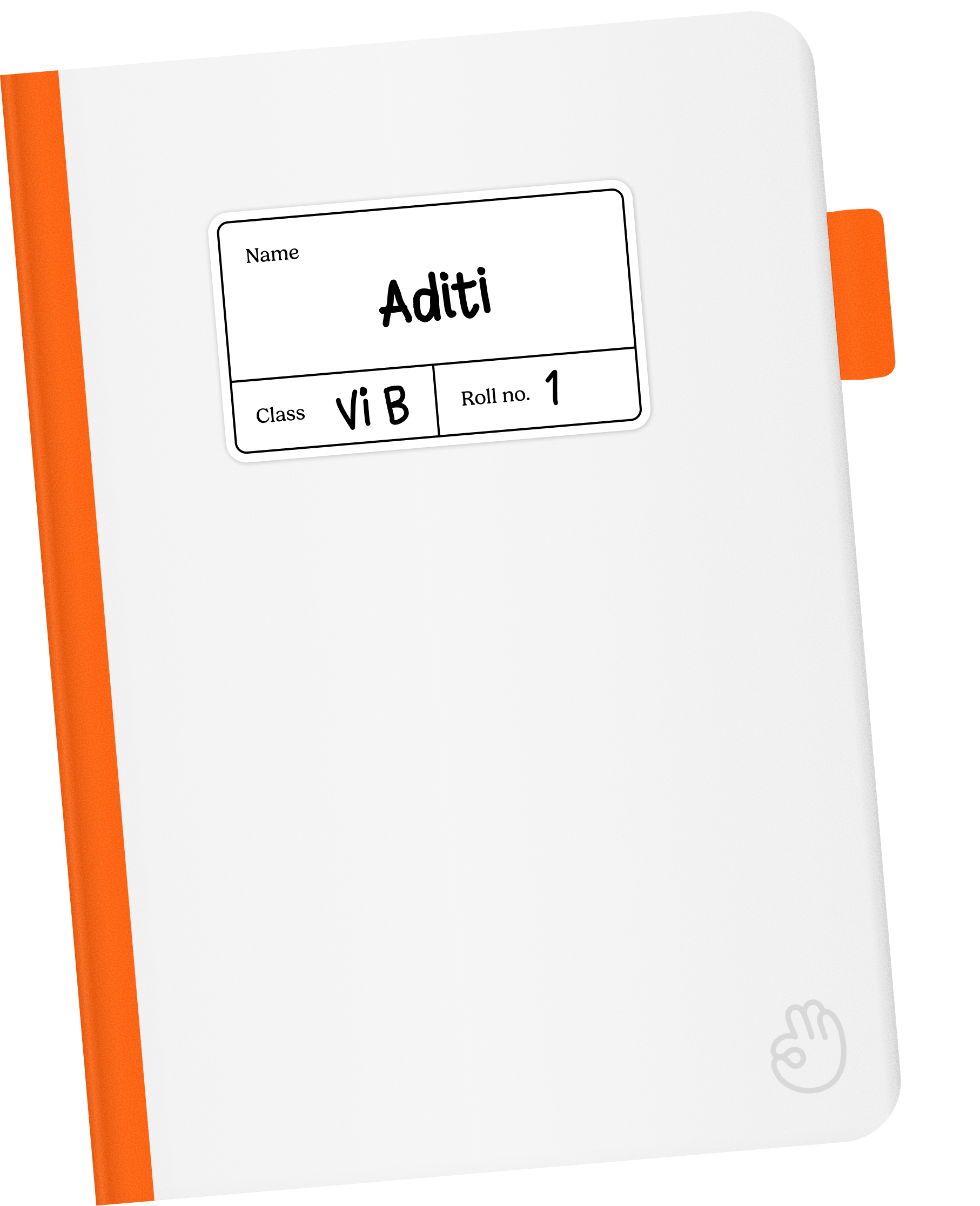 Aditi's orange spine notebook — VI B, Roll no. 1
